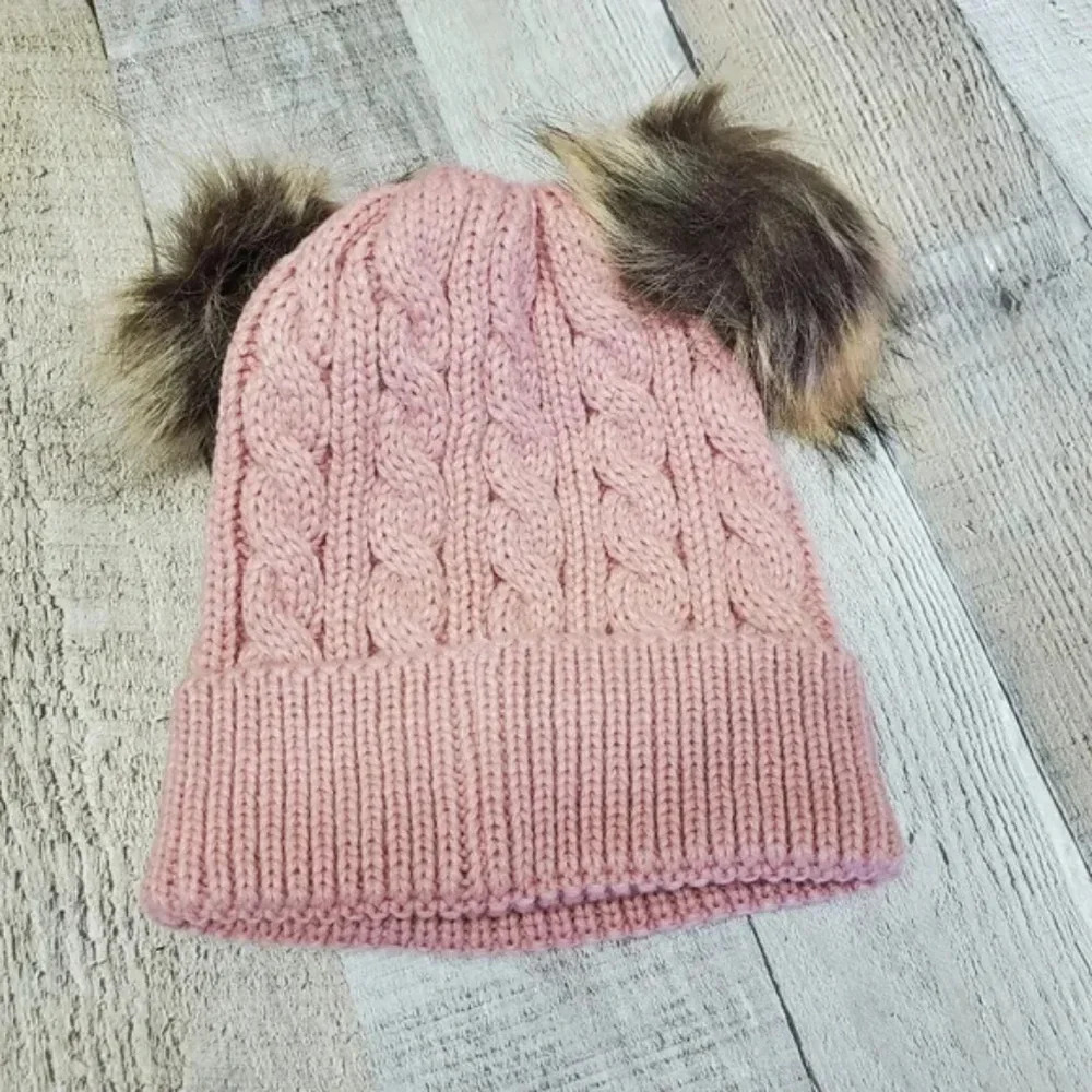 NWT KIDS Pink & Faux Fur Pom Pom Beanie - Picture 2 of 5
